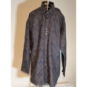 Bogosse Mens Paisley Jacquard Button Down Shirt Navy Blue Roll Tab Sleeve Size 5